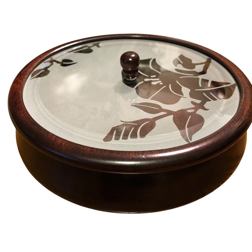 Vintage Crowning Touch Collection Mahogany Wood Trinket Jewelry Box Glass Lid